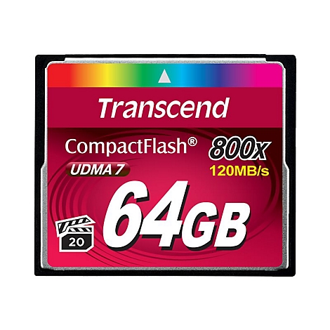 Eine CompactFlash-Speicherkarte von Transcend mit rotem Hintergrund, 64 GB, 800x und Farbstreifen.