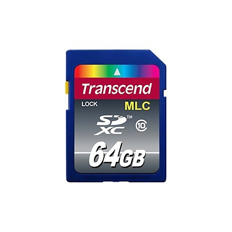 Blaue Transcend SDXC Speicherkarte mit 64GB Speicherkapazität.