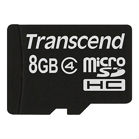 Schwarze Transcend MicroSD-Karte. Beschriftung: Transcend, 8GB, micro, HC.