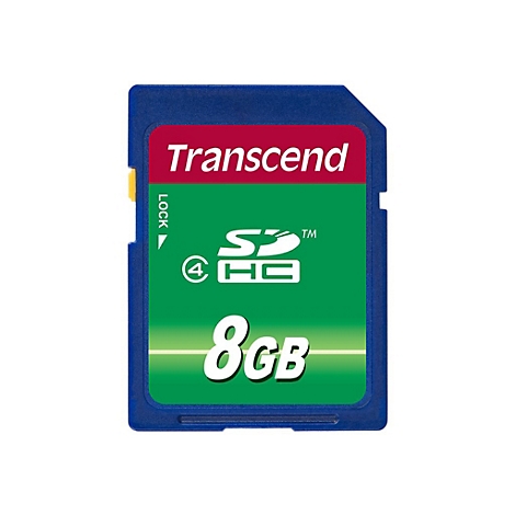 Blaue SD-Karte mit rotem Schriftzug Transcend und grÃ¼nem Aufdruck. Es steht 8GB drauf.