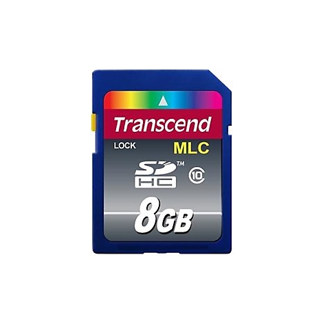 Blaue Transcend SDHC-Speicherkarte mit 8 GB Kapazität und MLC-Technologie vor weißem Hintergrund.