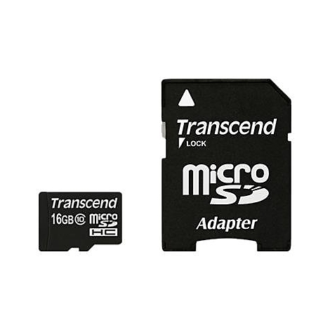 Schwarze Micro-SD-Karte und Adapter von Transcend. Aufschrift: 16GB, Micro SD.