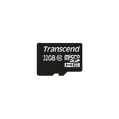 Schwarze Micro SD-Karte mit weiÃŸer Schrift, 'Transcend', '32GB', SDHC-Logo.