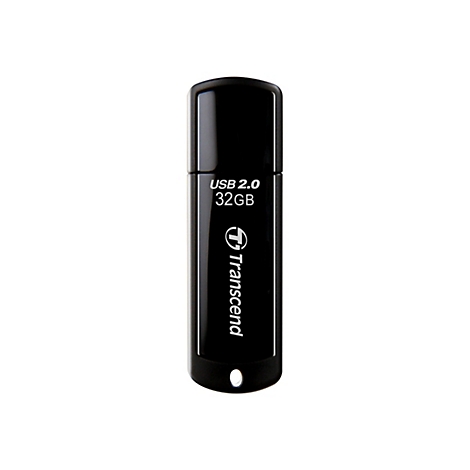 Clé USB noire avec texte blanc : USB 2.0, 32 Go, Transcend. Un trou en bas.