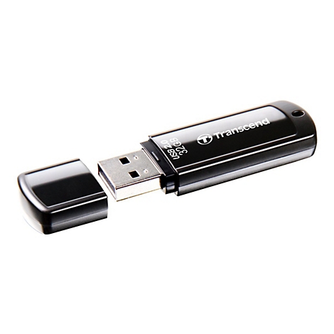 Schwarzer USB-Stick mit offener Kappe. Auf dem Stick steht "Transcend" und "USB 2.0 32GB".