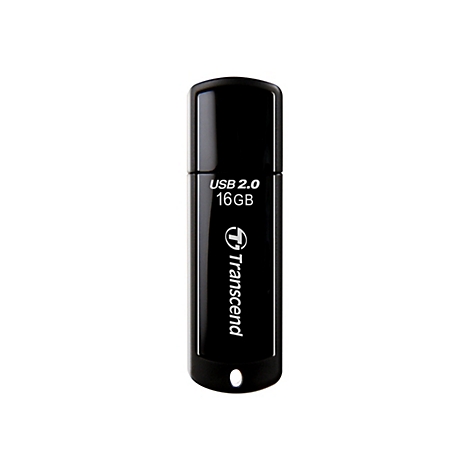 Schwarzer USB-Stick mit der Aufschrift "USB 2.0 16GB Transcend".