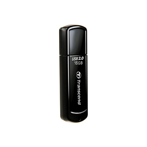 Schwarzer USB-Stick mit 'USB 2.0 16GB' und 'Transcend'-Logo. Der Stick ist vor weißem Hintergrund abgebildet.
