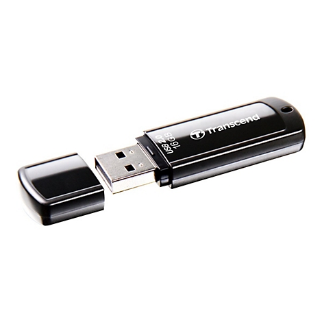 Schwarzer USB-Stick mit abgenommener Kappe auf weißem Hintergrund. Der Stick trägt den Schriftzug Transcend, USB 2.0 16 GB.
