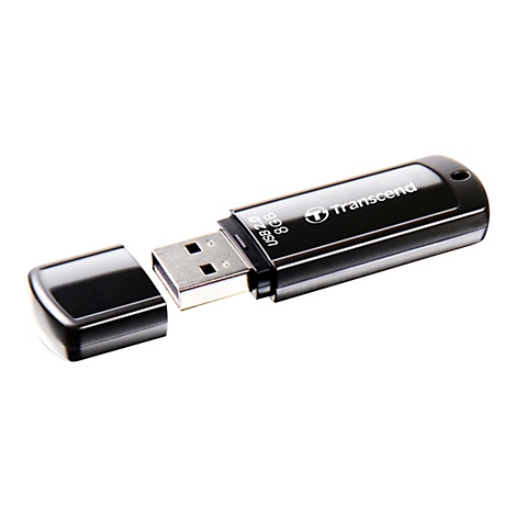 Schwarzer USB-Stick mit abgenommener Kappe. Aufschrift: "Transcend", "8GB", "USB 2.0".