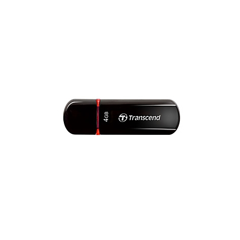 Schwarzer USB-Stick mit roter LED, 4GB und Transcend-Logo. Auf weißem Hintergrund.