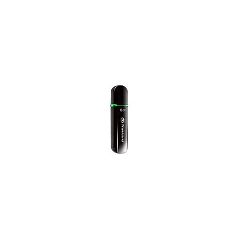 Schwarzer Transcend USB-Stick mit grün leuchtender LED vor weißem Hintergrund.