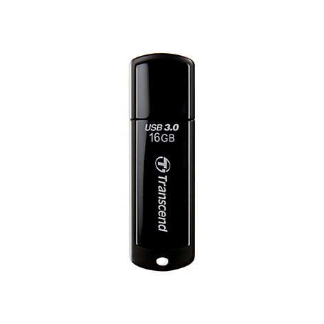 Une clé USB noire Transcend avec "USB 3.0 16 Go" imprimé.