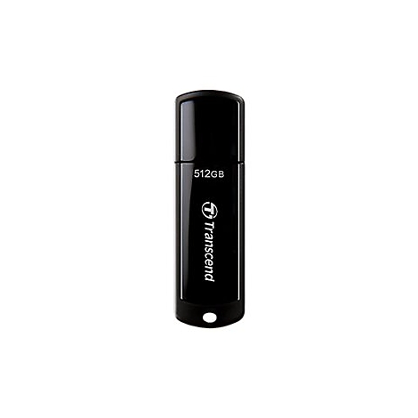 Schwarzer Transcend USB-Stick mit 512 GB Speicherplatz auf weißem Hintergrund.