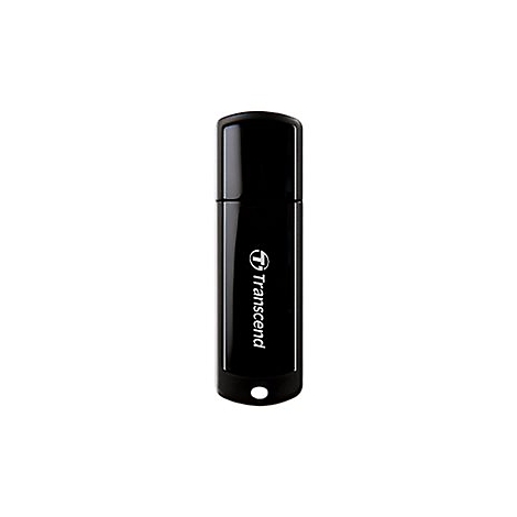 Schwarzer USB-Stick von Transcend mit glänzender Oberfläche vor weißem Hintergrund.