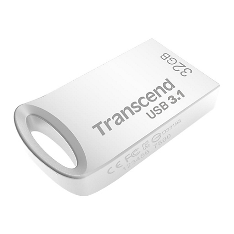 Weißer USB-Stick mit "Transcend"-Schriftzug und 32GB-Kapazität. Die Oberfläche ist glatt und glänzend.