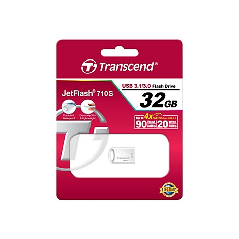 Transcend JetFlash 710S USB-Stick in roter Verpackung, 32 GB, wasserfest und schlank.