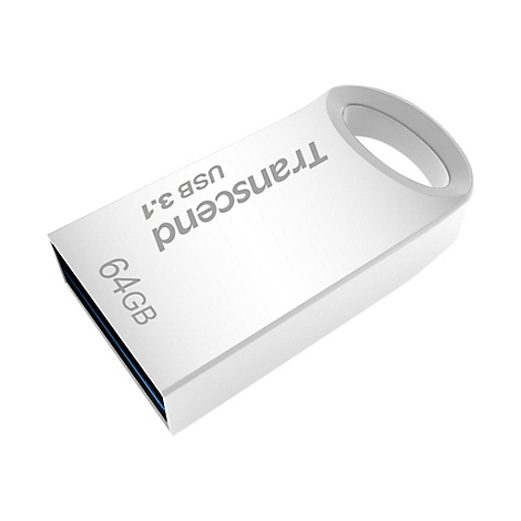 Clé USB blanche avec l'inscription Transcend, 64 Go. La clé a une ouverture pour un porte-clés.