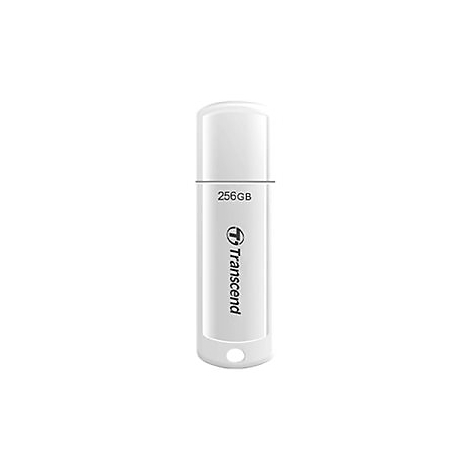 Weißer Transcend USB-Stick mit 256 GB Speicherkapazität und Öse am unteren Ende vor weißem Hintergrund.