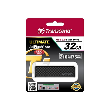 Transcend USB-Stick auf Verpackung, 32 GB, Ultimate JetFlash 780, rot, schwarz und weiÃŸ.