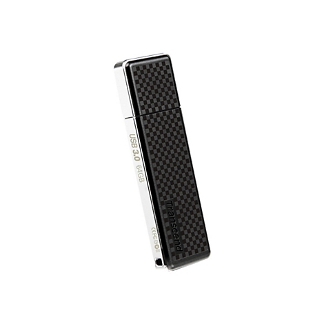 USB-Stick mit schwarzem Karbonmuster, USB 3.0, 64GB, Schriftzüge: USB 3.0 64GB, Transcend.