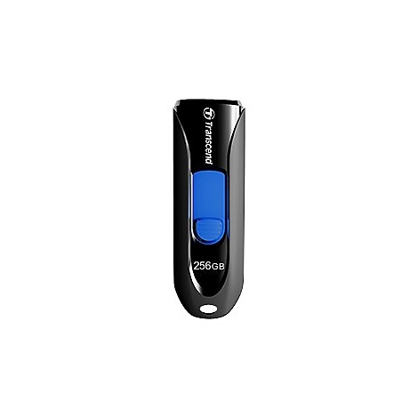 ClÃ© USB noire avec accent bleu et logo Transcend, capacitÃ© de 256 Go.