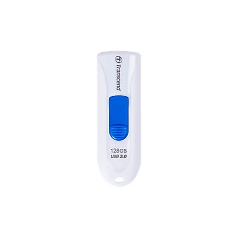 Weißer USB-Stick mit blauem Schieber, 128GB, USB 3.0. Marke Transcend.