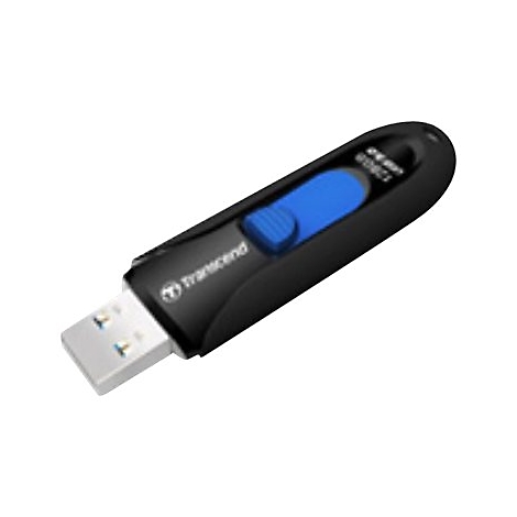 Schwarzer USB-Stick mit blauem Schieberegler, Marke Transcend, 128GB.