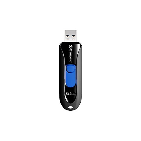 Schwarzer Transcend USB-Stick mit 512GB Speicher und blauem Schiebemechanismus vor weißem Hintergrund.
