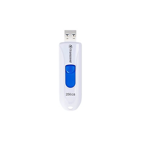 Weißer Transcend USB-Stick mit blauem Schieberegler und 256 GB Kapazität.