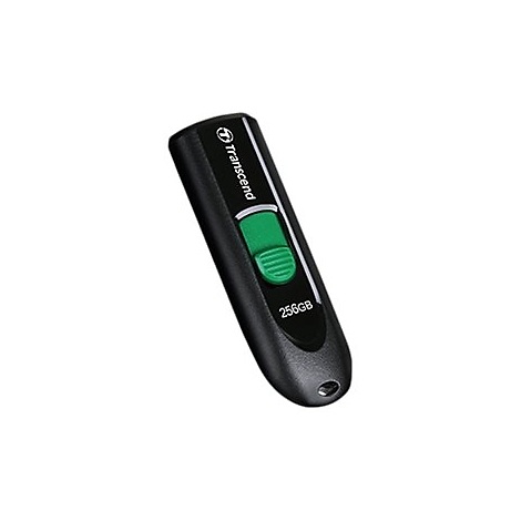 Schwarzer Transcend USB-Stick mit grünem Schiebemechanismus und 256GB Beschriftung vor weißem Hintergrund.