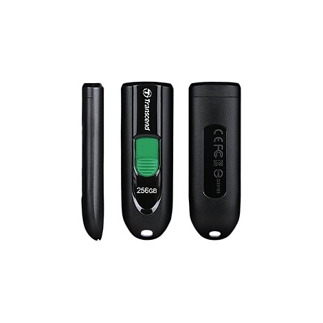 Schwarzer Transcend USB-Stick mit grünem Schieberegler und 256GB Beschriftung.