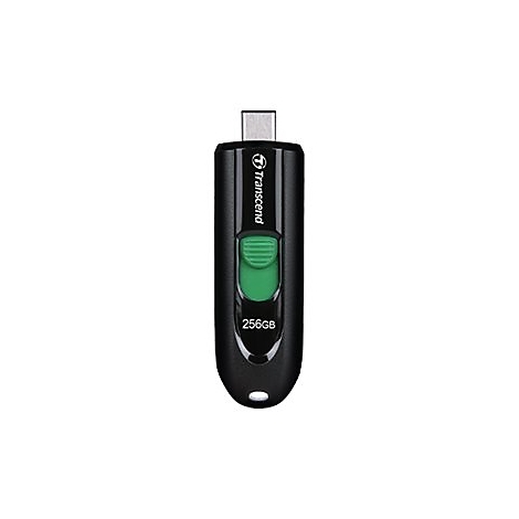 Schwarzer Transcend USB-C Stick mit grünem Schiebemechanismus und 256GB Beschriftung.