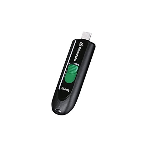 Schwarzer Transcend USB-Stick mit grünem Schiebeschalter und 256GB Beschriftung vor weißem Hintergrund.