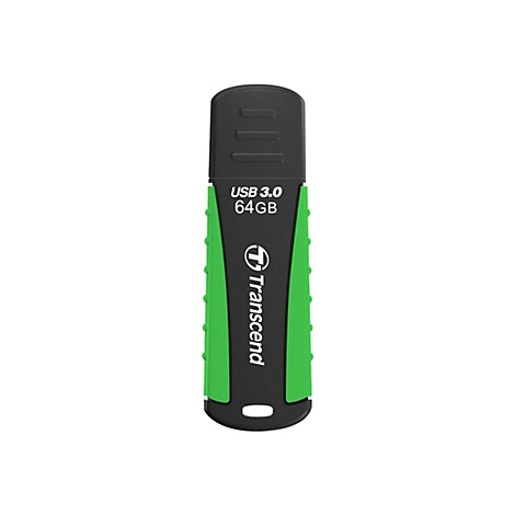 Ein schwarzer und grüner USB-Stick mit der Aufschrift "USB 3.0 64GB" und dem Logo von "Transcend".