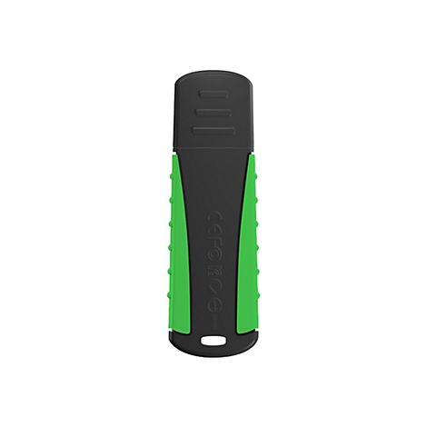 Ein USB-Stick mit schwarzem und grünem Gehäuse, Logo und technischen Angaben.