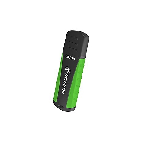Grün-schwarzer Transcend USB-Stick mit 256GB Speicher, schräg vor weißem Hintergrund.