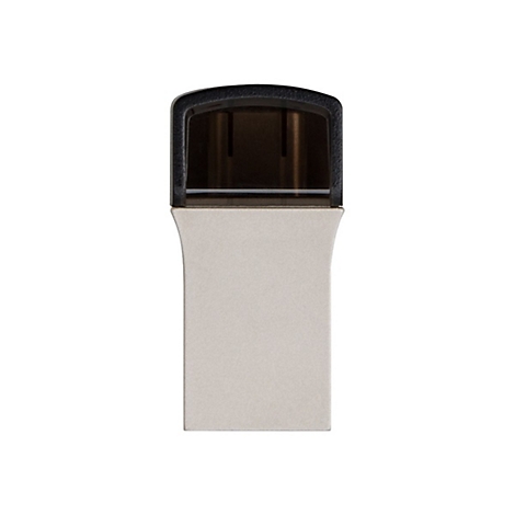 Une clÃ© USB avec un capuchon noir et un boÃ®tier argentÃ©, sur fond blanc.