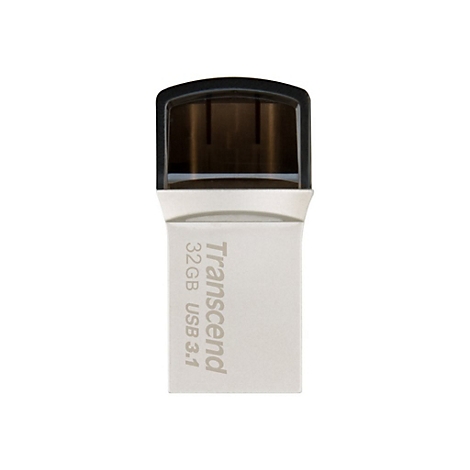 Une clÃ© USB blanche et argentÃ©e avec un capuchon noir. La clÃ© indique Transcend 32GB USB 3.1 en gris.