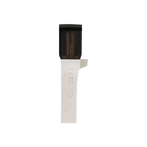 Une clÃ© USB blanche avec une tÃªte noire, avec une suite de chiffres et une marque CE imprimÃ©es dessus.