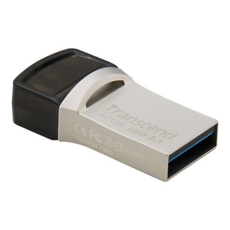 Une clÃ© USB argentÃ©e avec une extrÃ©mitÃ© de capuchon noire. Inscription : Transcend, 32 Go USB 3.1. Dos avec marquages.