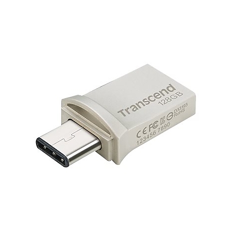 Silberner USB-C-Stick, mit Transcend-Logo und 128 GB Speicher.