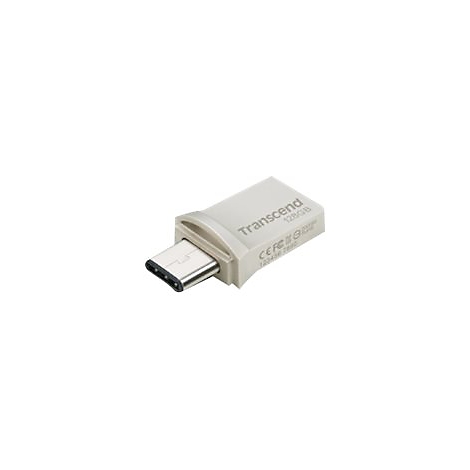 Ein weiÃŸ-grauer Transcend USB-C-Adapter mit einem metallisch-silbernen USB-C-Anschluss, 128GB Aufdruck.
