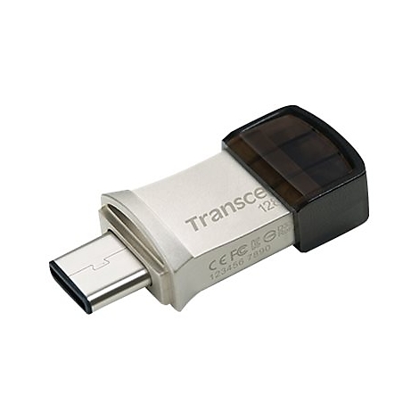 Silberner USB-Stick mit schwarzem GehÃ¤use. Aufschrift 'Transcend 128' und Logo. EnthÃ¤lt einen USB-C-Anschluss.