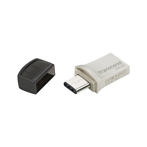 USB-C-Stick mit schwarzer Kappe, silbern, mit Aufschrift 'Transcend 128GB'.