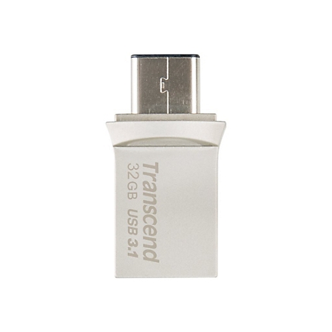 Ein silberner USB-Stick von Transcend, 32 GB. USB 3.1.