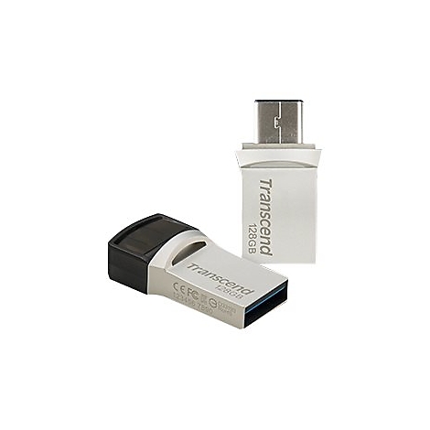 Zwei silberne USB-Sticks mit dem Aufdruck 'Transcend 128GB'. Einer liegt, der andere steht aufrecht.