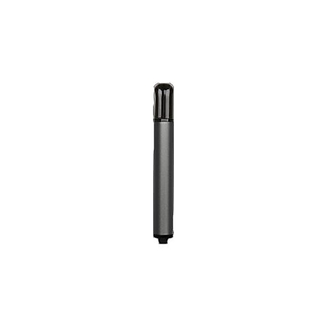 Stylo cylindrique gris foncÃ© avec une tÃªte arrondie noire et un pied noir, sur fond blanc.