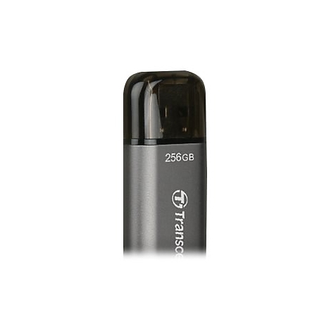 Une clÃ© USB grise avec un capuchon de protection noir. La clÃ© indique 256 Go et porte le logo Transcend.