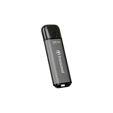 ClÃ© USB grise avec capuchon noir, 256 Go. Marque : Transcend.