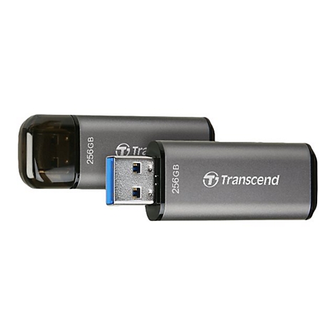Deux clÃ©s USB grises avec Transcend et la capacitÃ© 256 Go. On en voit une avec le port USB.